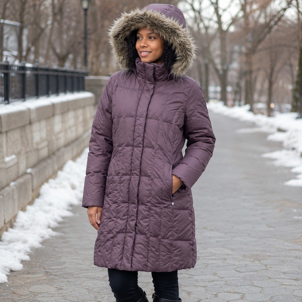 Eddie Bauer Women XS Purple Goose Down Parka Faux Fur Hood Long Coat